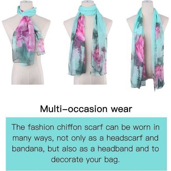 Women's Lake Blue Fashion Lightweight Head Scarf Floral Print Chiffon Scarves - Picture 4 of 7